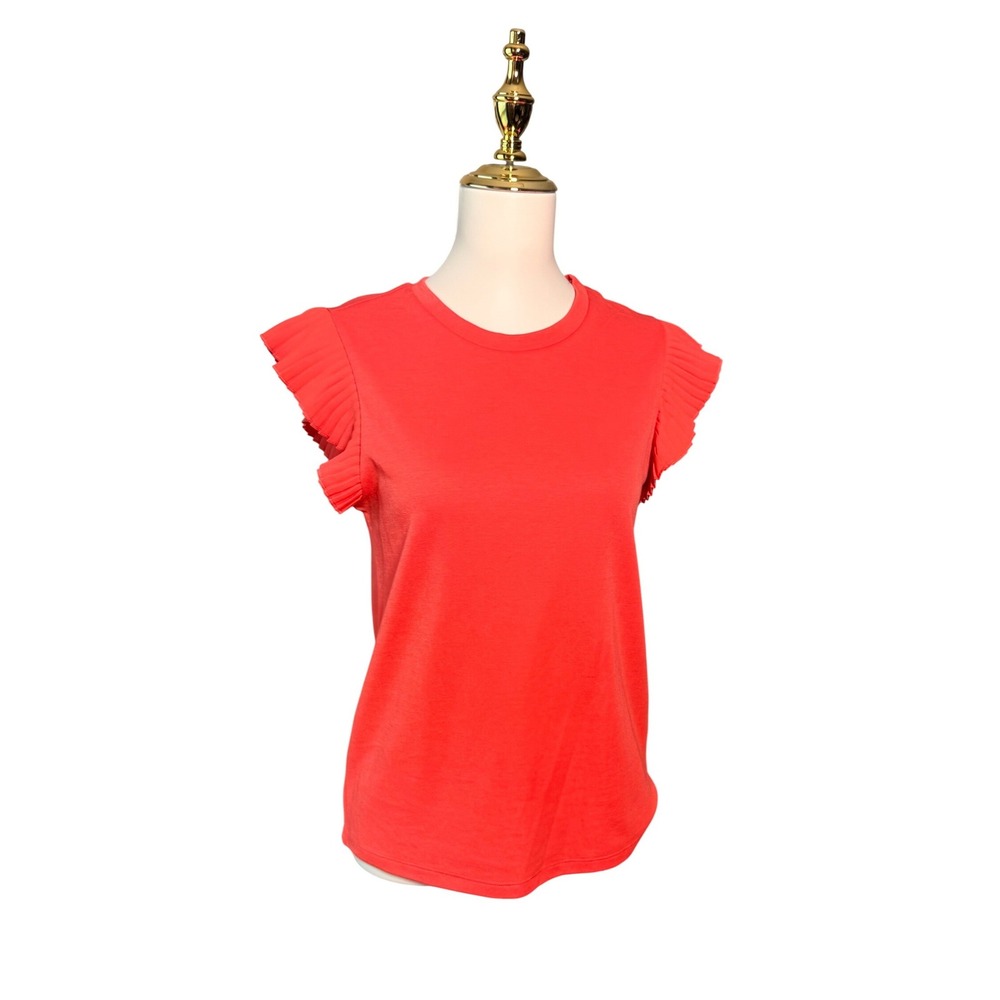 Vince Camuto Orange Red Pleated Flutter Sleeve Cotton Blend Top XS cottagecore